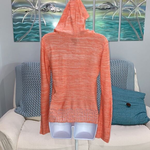 Hooked Up by lOT Peach Mal Open Knit V-Neck Hooded Sweater Size Small - Picture 7 of 13
